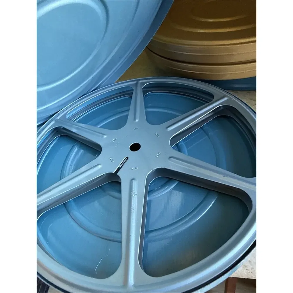Vintage Compco Film Carrying Case with Reels and Tins Blue & Gold 7.875x7.5x4.4”